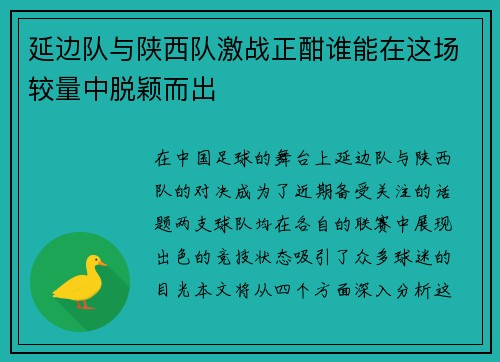 延边队与陕西队激战正酣谁能在这场较量中脱颖而出